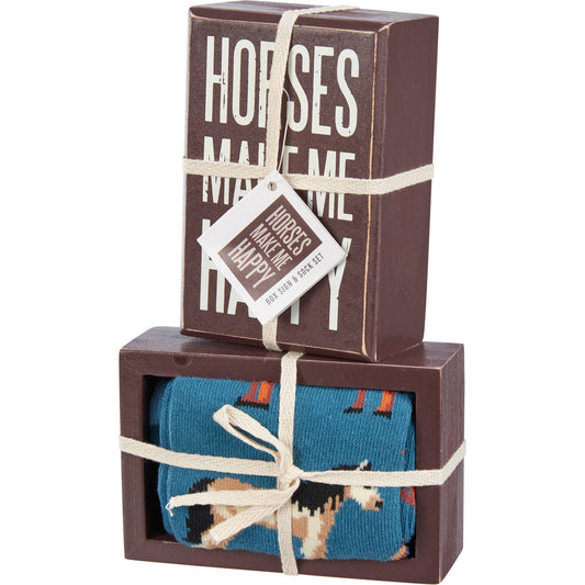 "Horses Make Me Happy" Box Sign And Sock Gift Set
