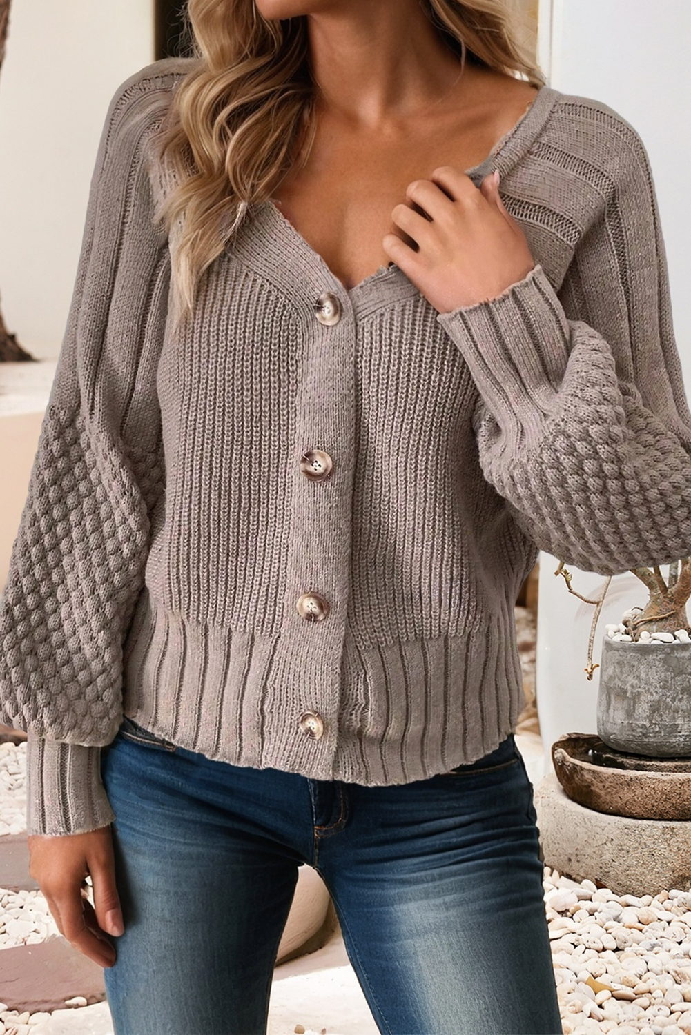 Mixed Texture Knit Button V-Neck Sweater Cardigan