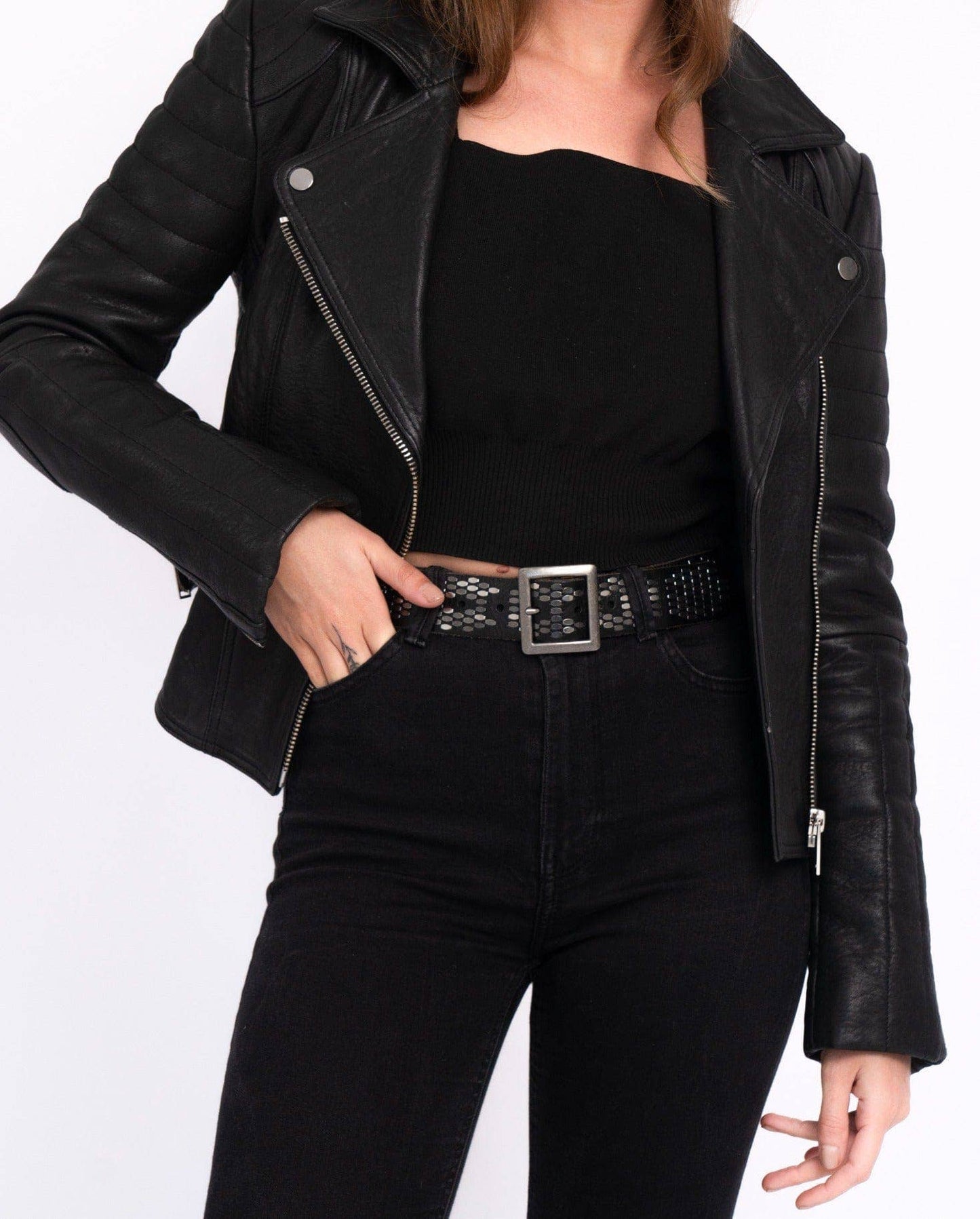 Gaia | Gold and Silver Square Buckle Stud Leather Belt Women