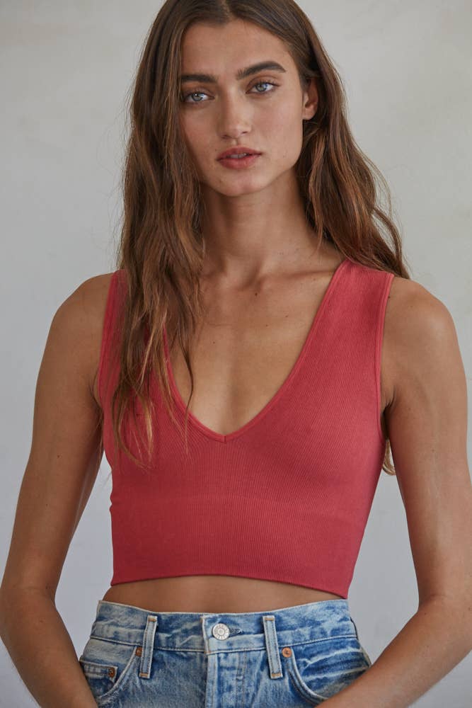 Seamless Ribbed Plunged V-Neck Crop Tank Top