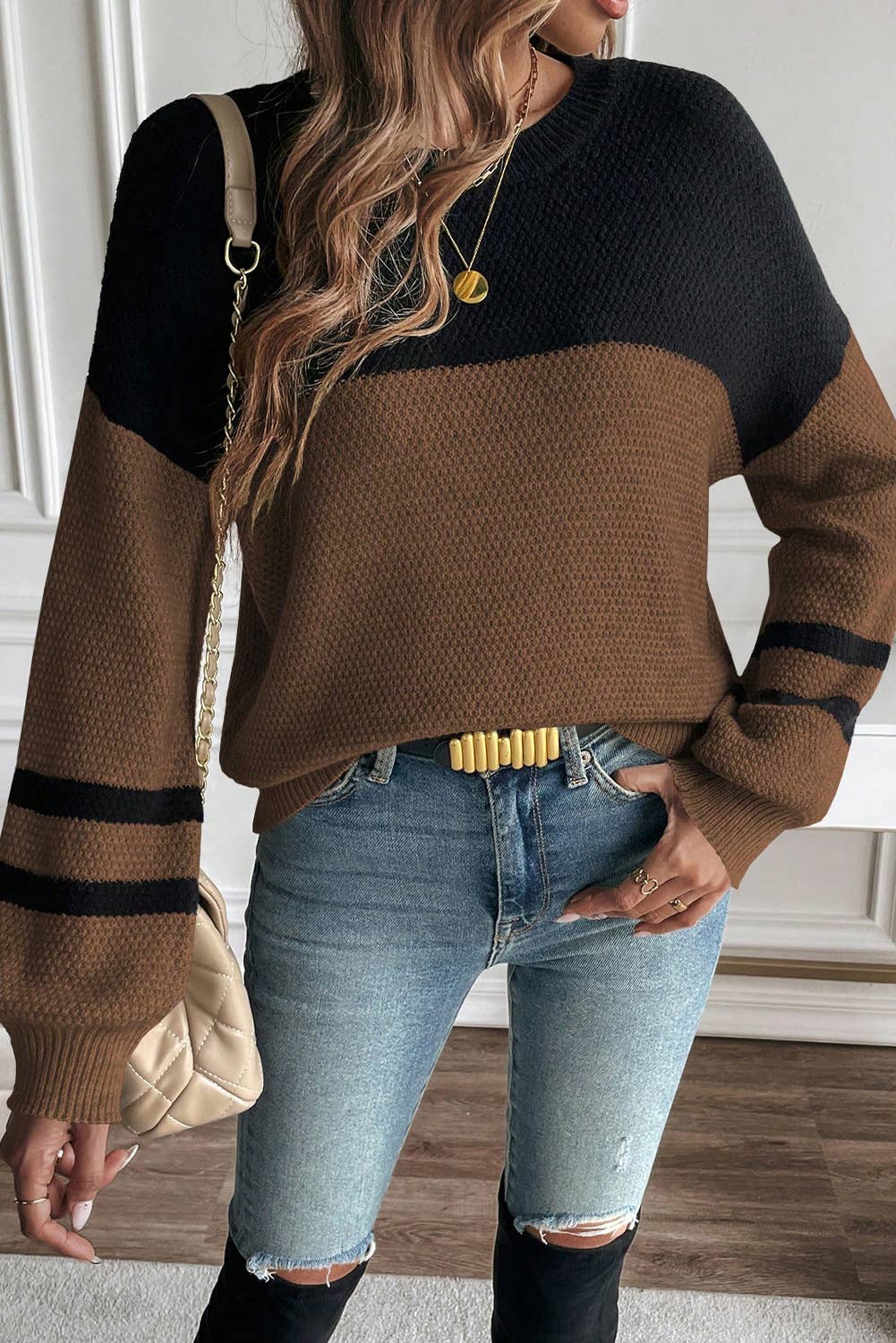 Parchment Color Block Knit Striped Sleeve Detail Casual Sweater