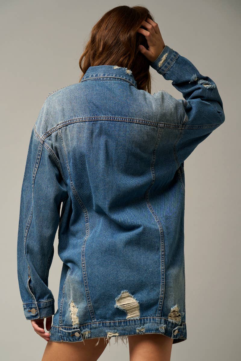Washed Destroyed Denim Jacket w/Pockets