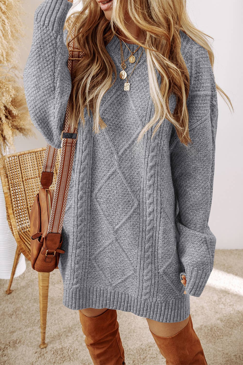 Cable Knit Drop Shoulder Loose Fit Sweater Dress