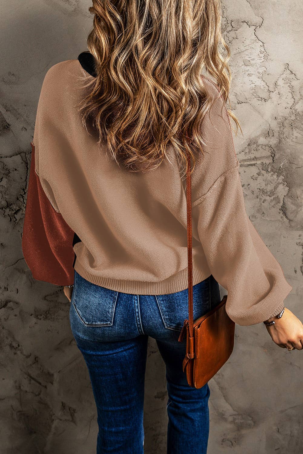 Casual Color block Bishop Sleeve Ribbed Trim Sweater