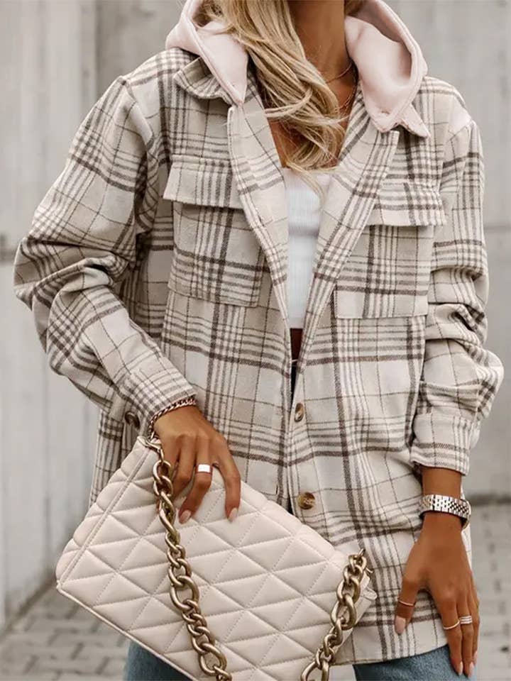 Khaki Plaid Shirt Removable Hood Buttoned Shacket