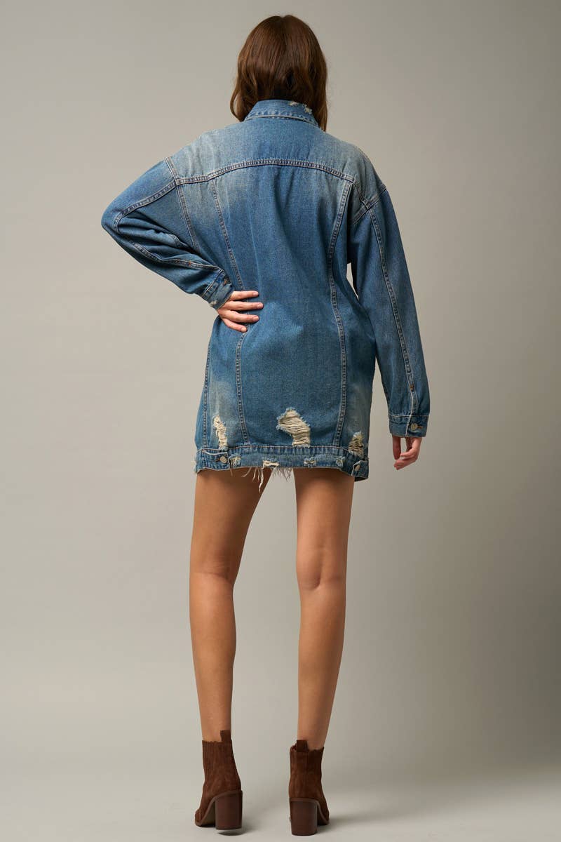 Washed Destroyed Denim Jacket w/Pockets