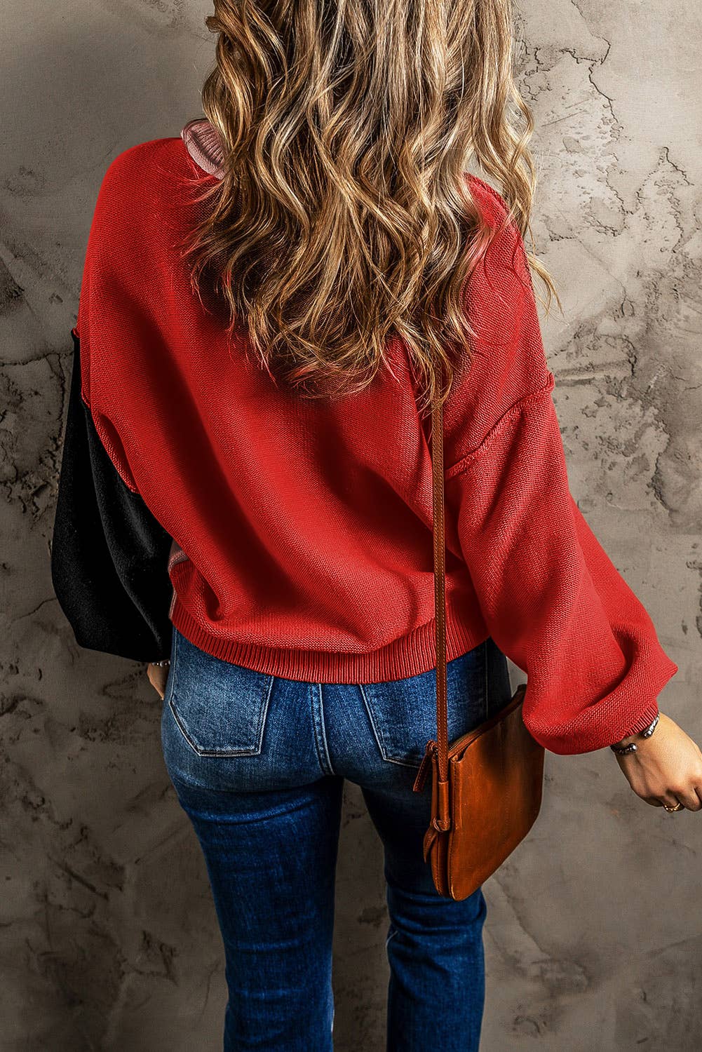 Casual Color block Bishop Sleeve Ribbed Trim Sweater