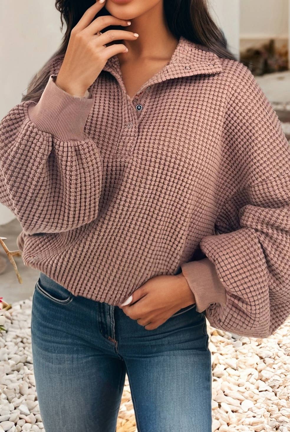 Waffle Collared Baggy Sweater