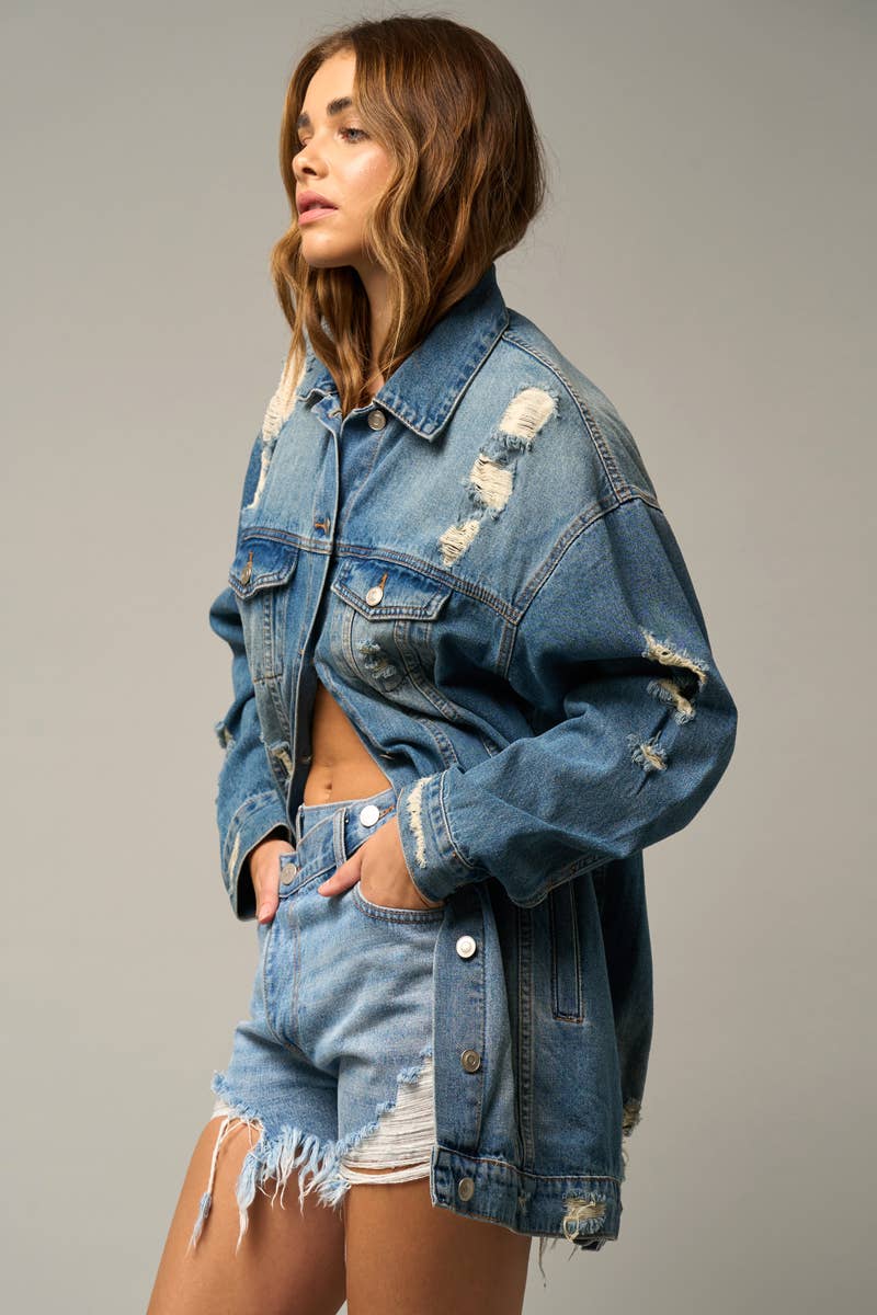 Washed Destroyed Denim Jacket w/Pockets