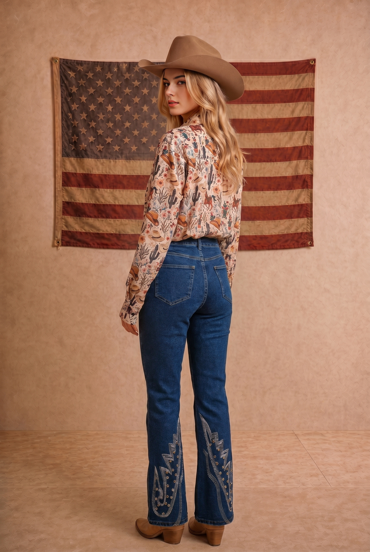 Western Print Chiffon Button Up Blouse