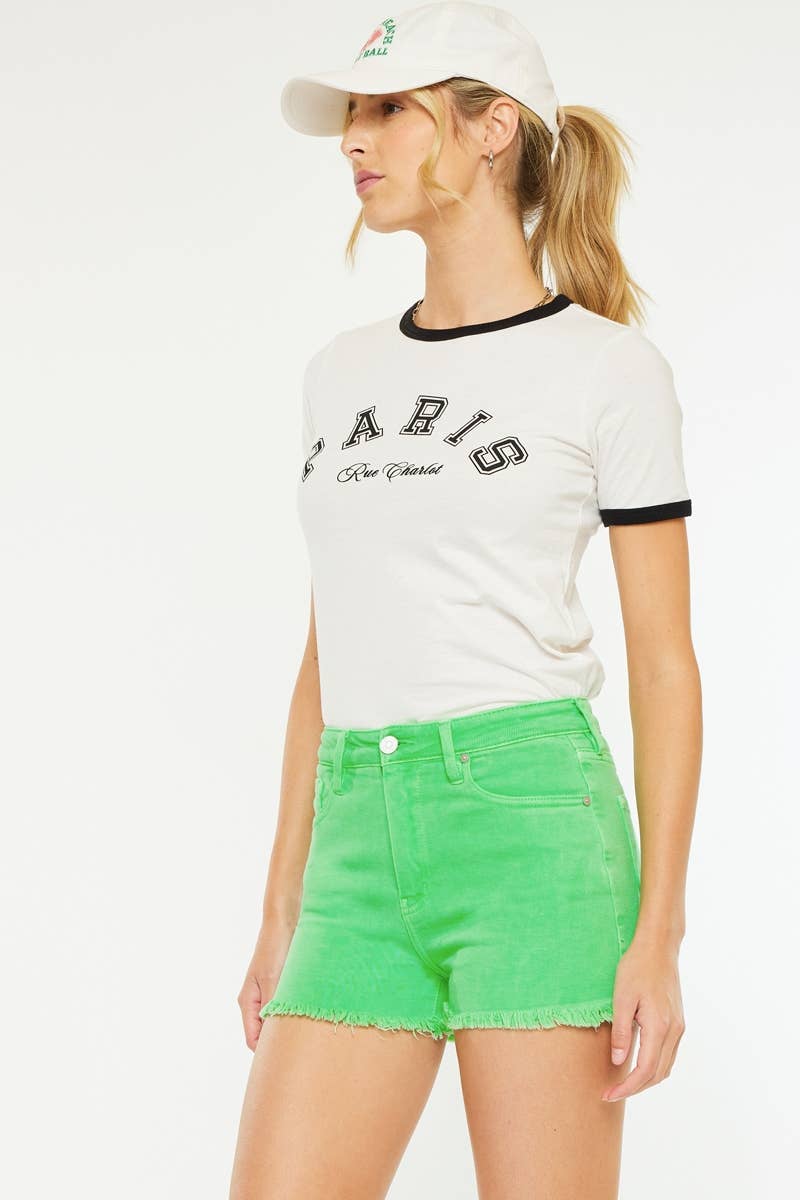 KanCan | Neon Green High Rise Frayed Hem Shorts