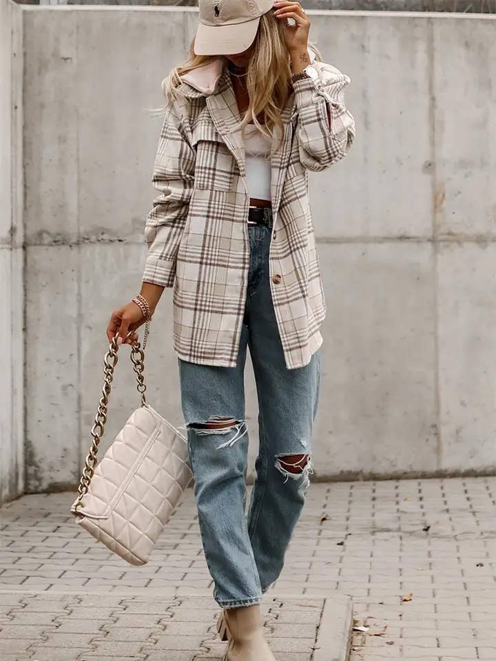 Khaki Plaid Shirt Removable Hood Buttoned Shacket