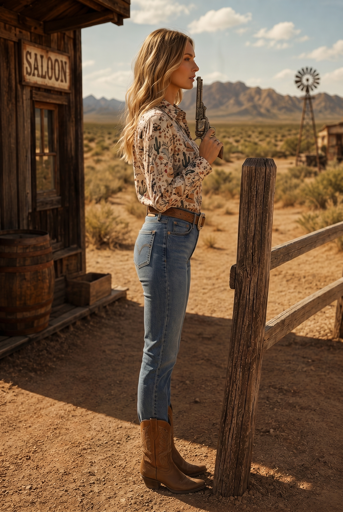 Western Print Chiffon Button Up Blouse