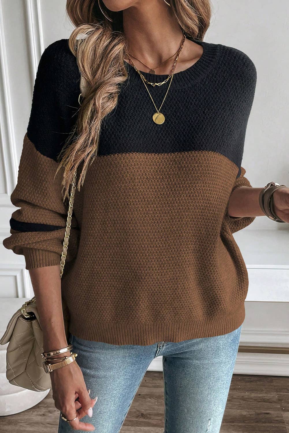 Parchment Color Block Knit Striped Sleeve Detail Casual Sweater