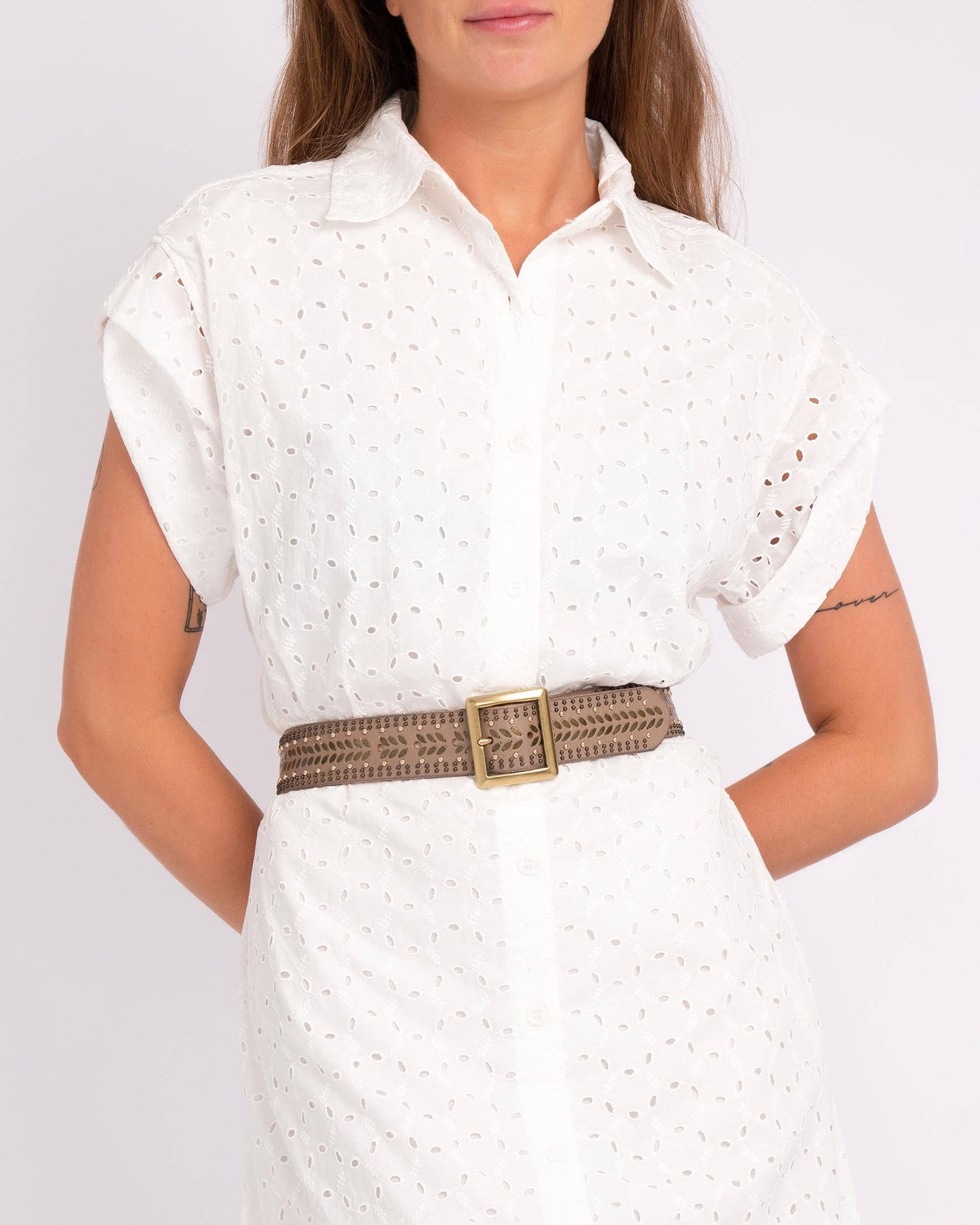 Ezra | Gold and Silver Buckle Square Studded Leather Belt
