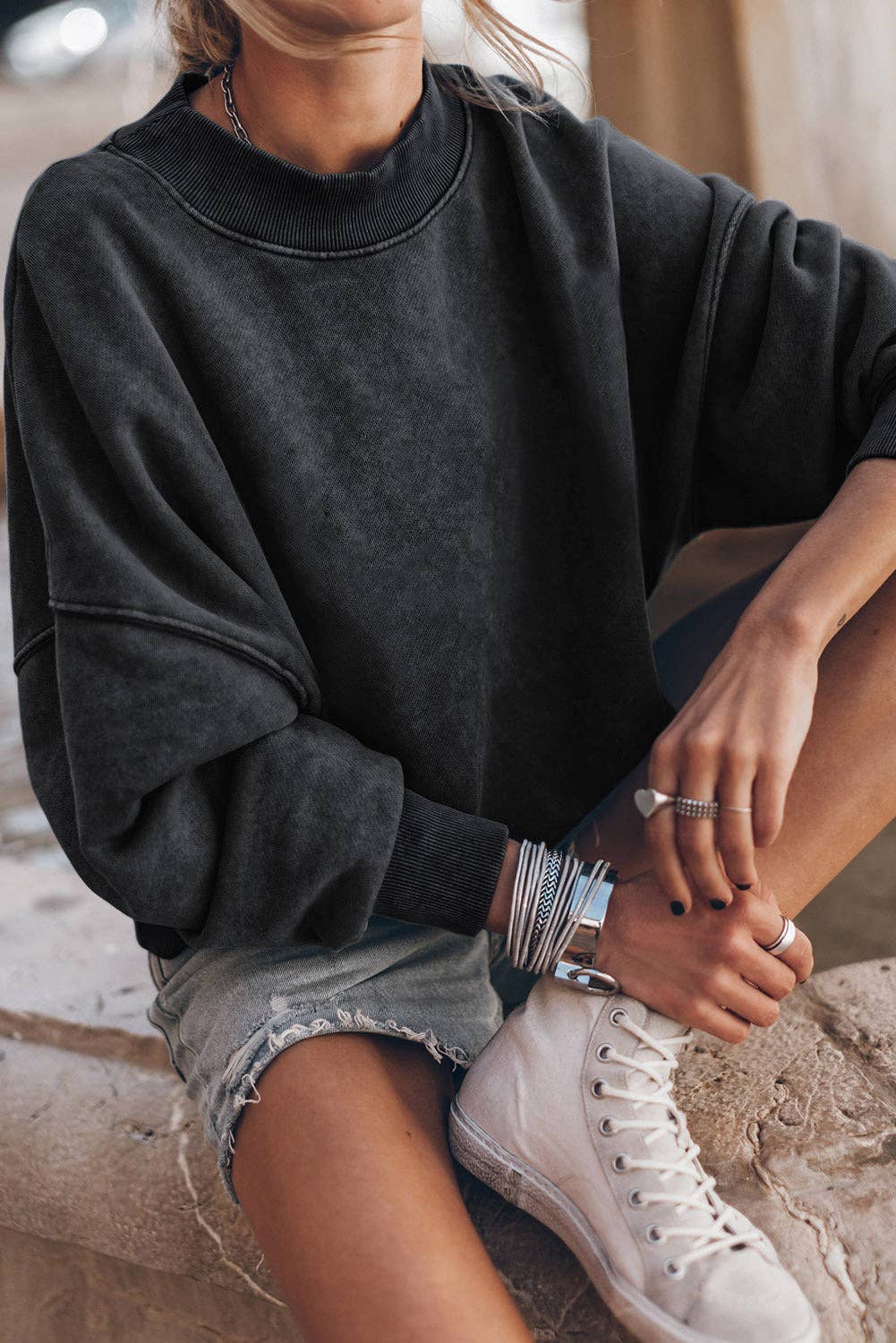 Drop Shoulder Crew Neck Pullover Vintage Look Sweatshirt