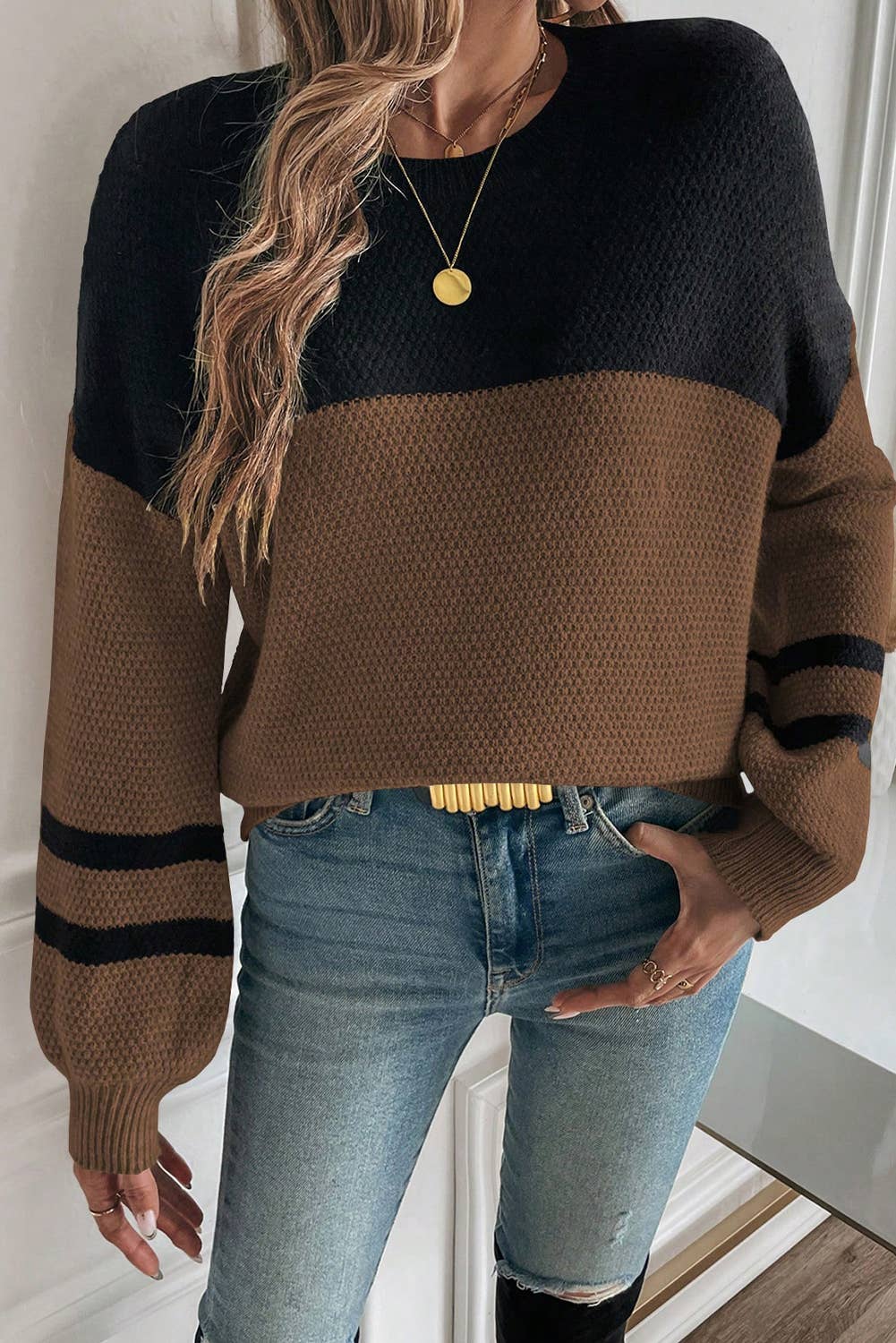Parchment Color Block Knit Striped Sleeve Detail Casual Sweater