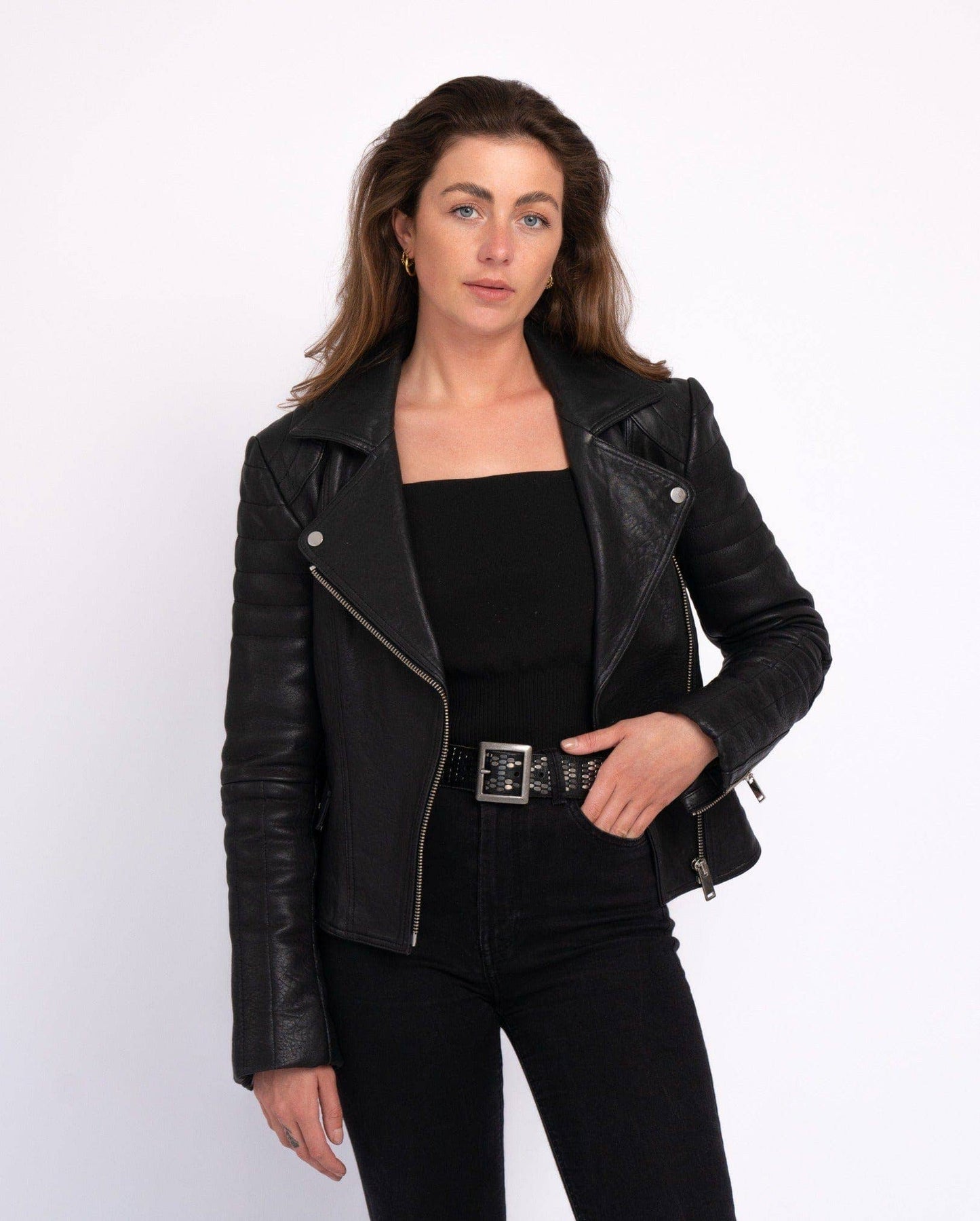 Gaia | Gold and Silver Square Buckle Stud Leather Belt Women