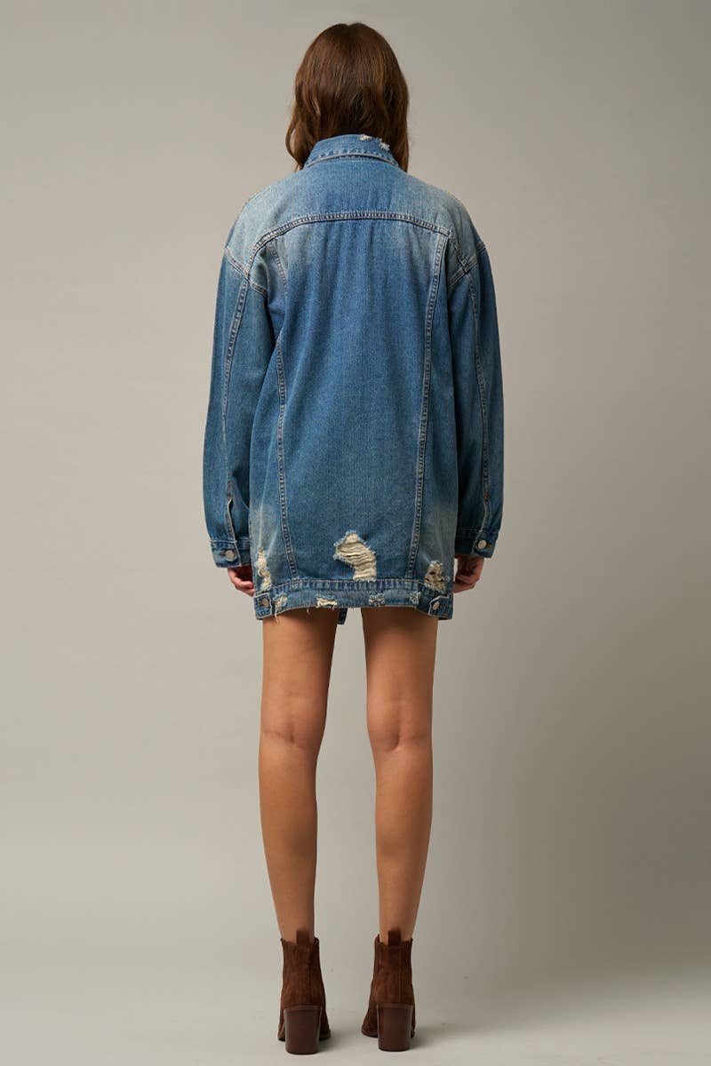 Washed Destroyed Denim Jacket w/Pockets