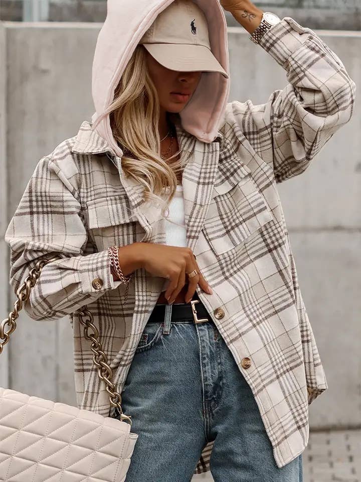 Khaki Plaid Shirt Removable Hood Buttoned Shacket