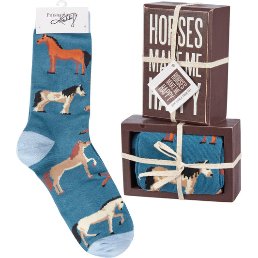 "Horses Make Me Happy" Box Sign And Sock Gift Set