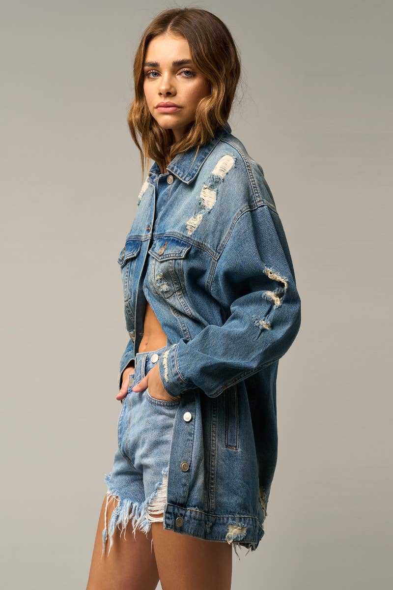 Washed Destroyed Denim Jacket w/Pockets