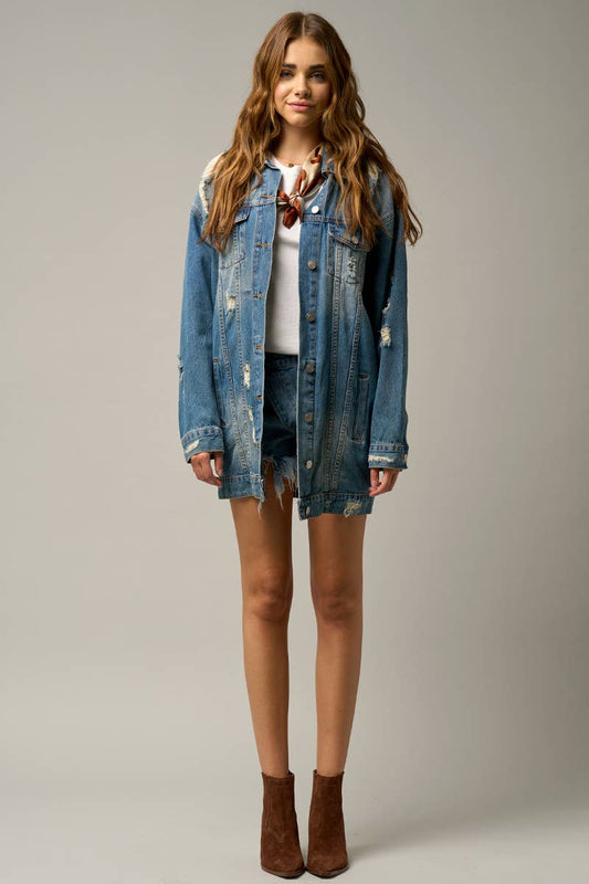 Washed Destroyed Denim Jacket w/Pockets