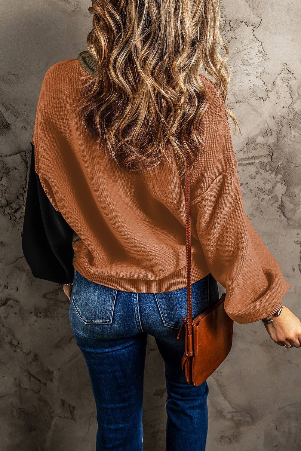 Casual Color block Bishop Sleeve Ribbed Trim Sweater