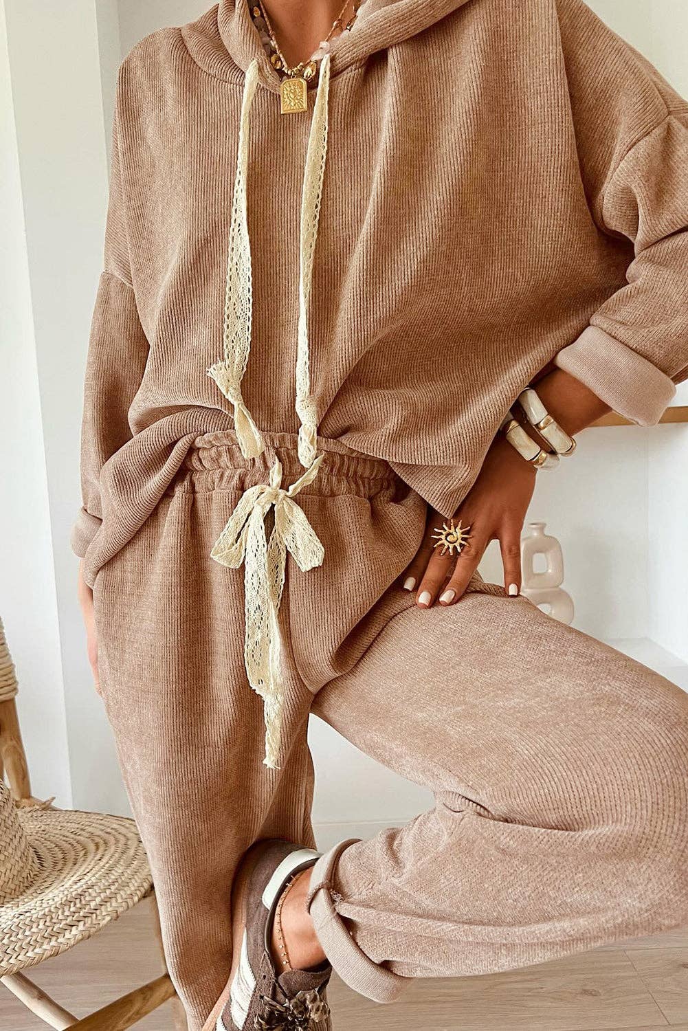 Drawstring Pullover Hoodie and High Waist Pants Corduroy Suit