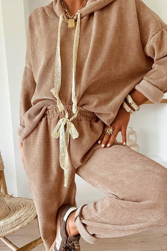 Drawstring Pullover Hoodie and High Waist Pants Corduroy Suit