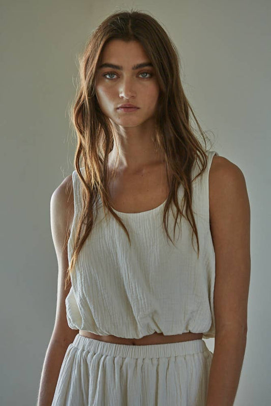 Cotton Gauze Round Neck Sleeveless Crop