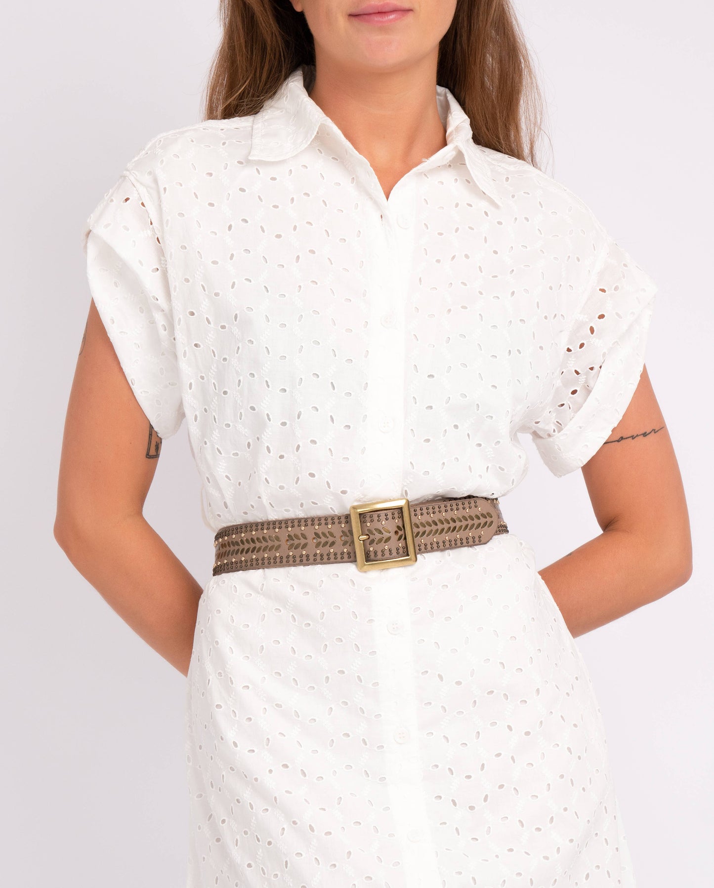 Ezra | Gold and Silver Buckle Square Studded Leather Belt