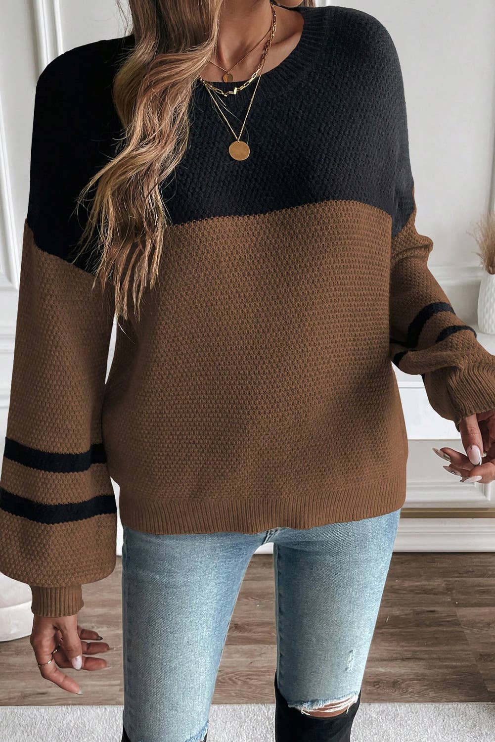 Parchment Color Block Knit Striped Sleeve Detail Casual Sweater