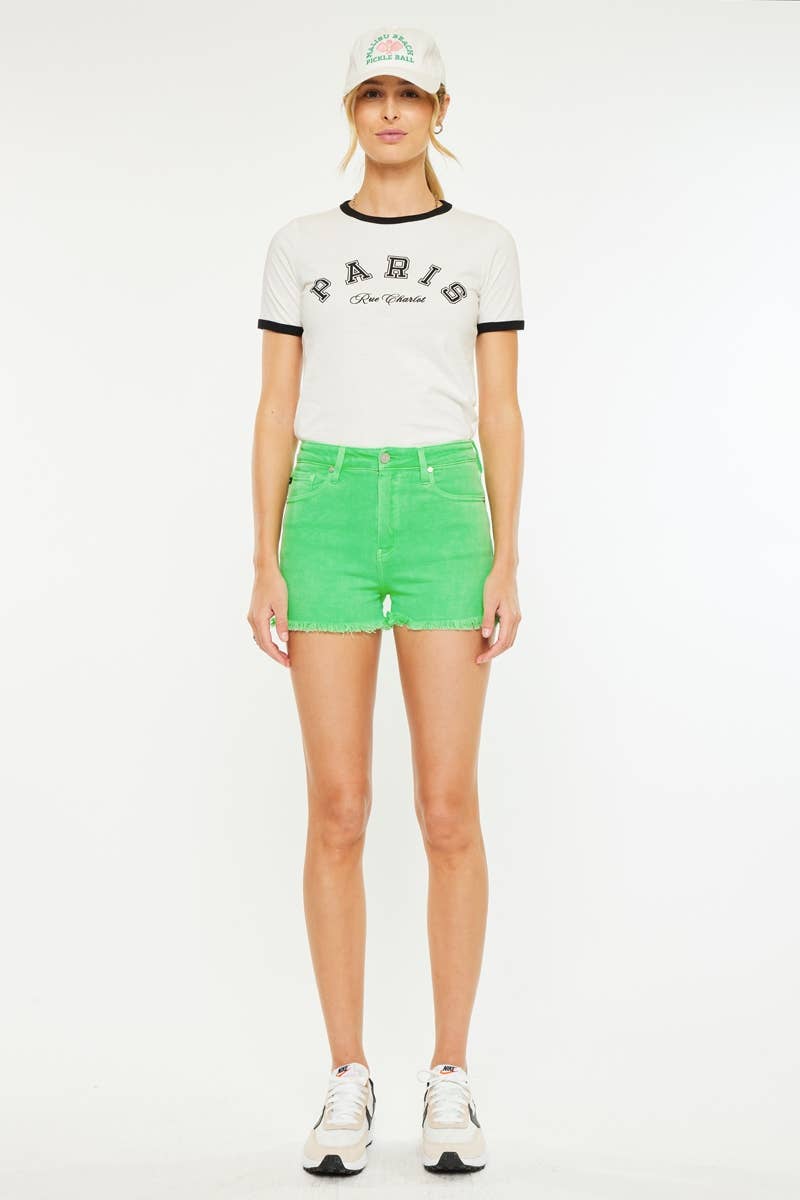 KanCan | Neon Green High Rise Frayed Hem Shorts