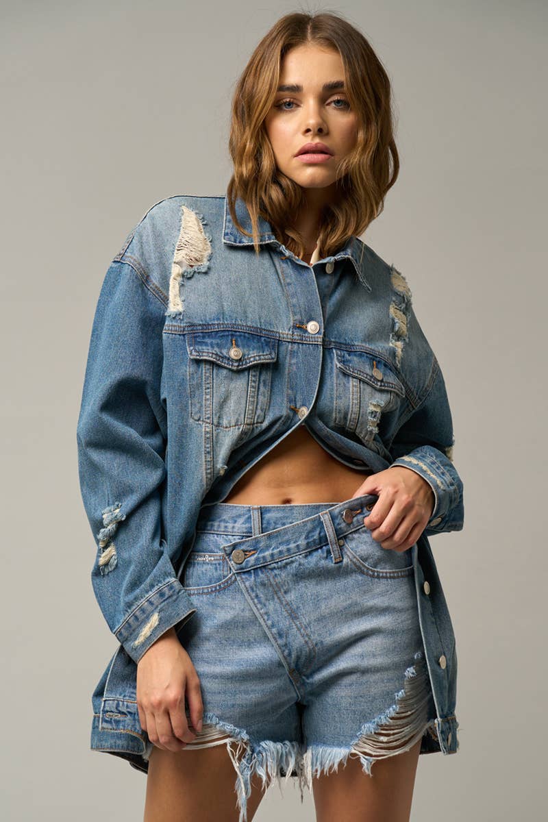 Washed Destroyed Denim Jacket w/Pockets