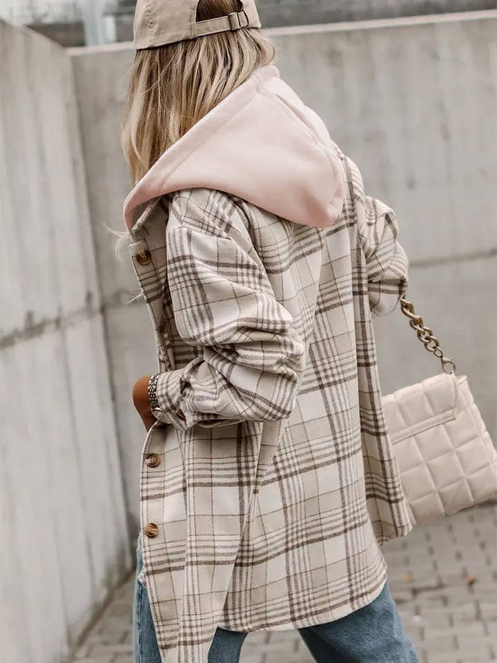 Khaki Plaid Shirt Removable Hood Buttoned Shacket