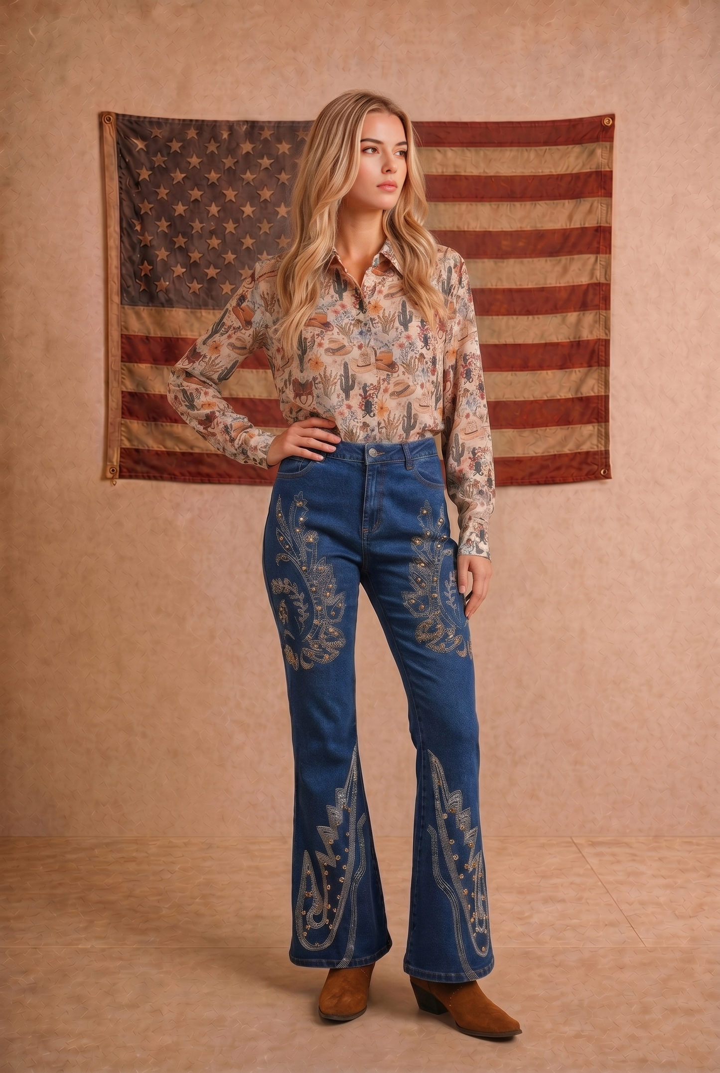 Western Print Chiffon Button Up Blouse
