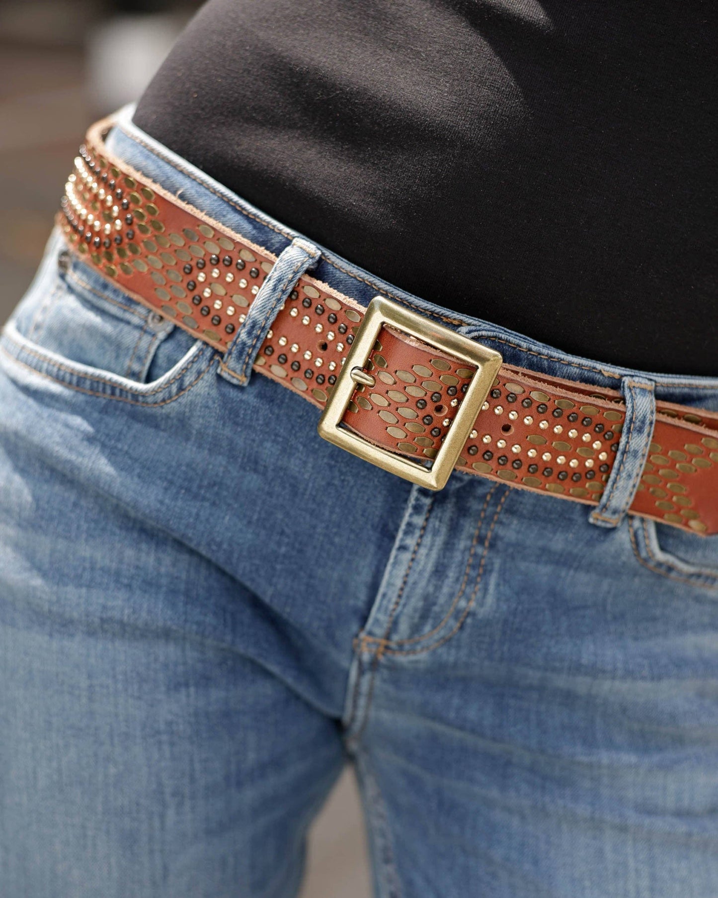 Daya | Studded Leather Belt - Black Embellished Belt