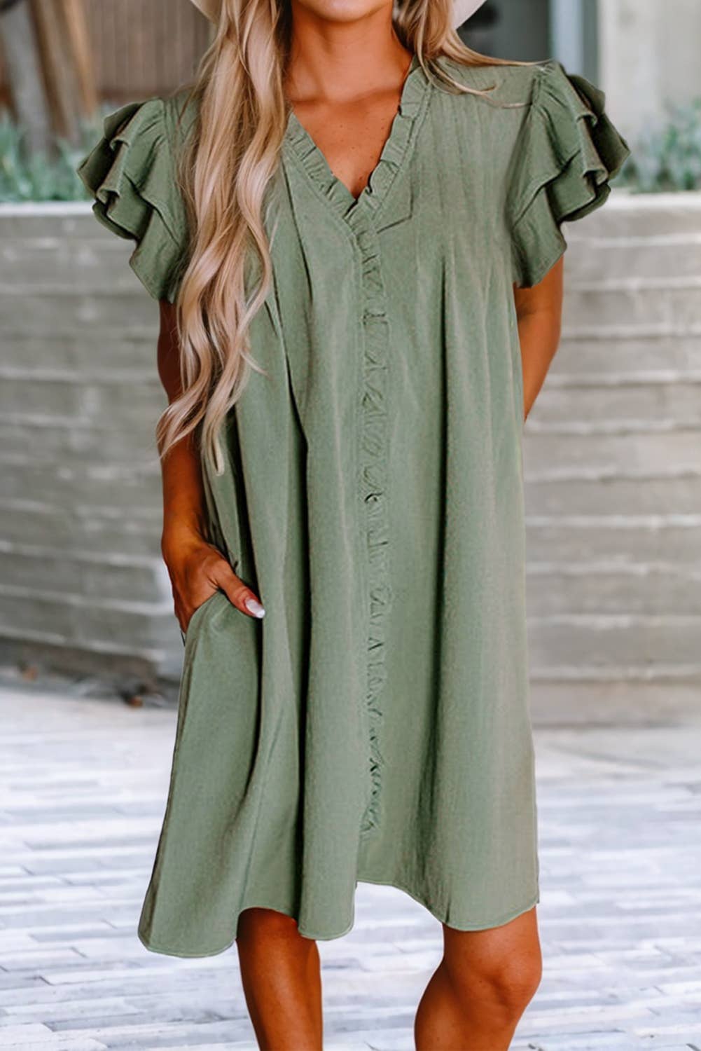 Ruffle Sleeve V-Neck Frilled Shirt Dress