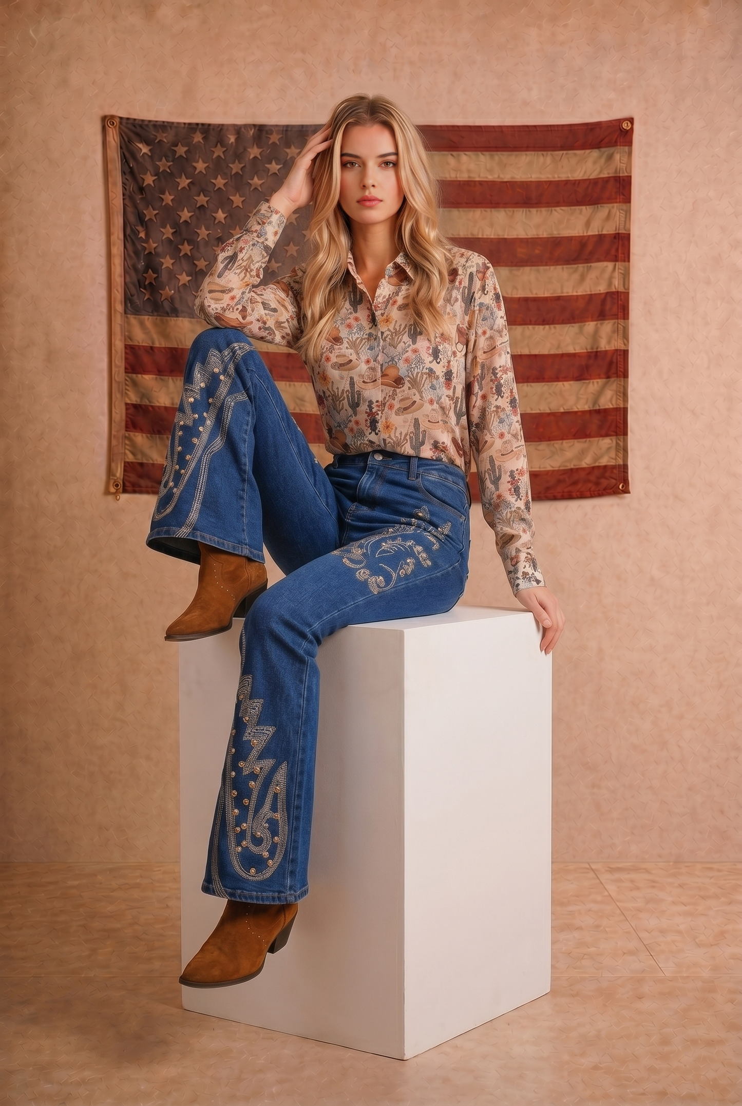 Western Print Chiffon Button Up Blouse