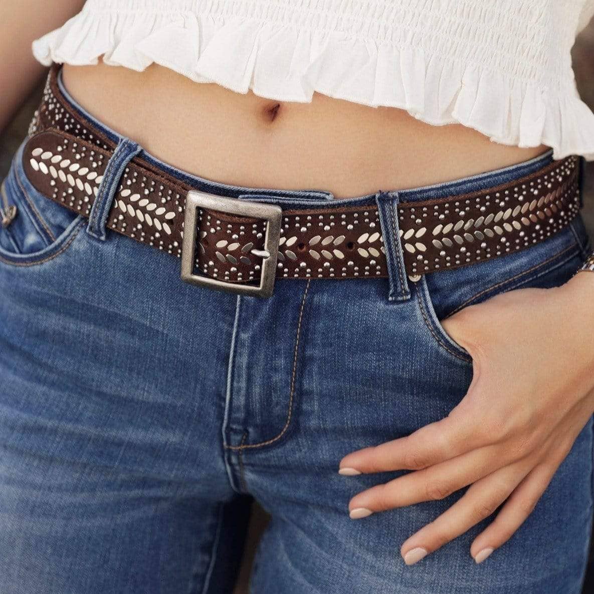 Ezra | Gold and Silver Buckle Square Studded Leather Belt