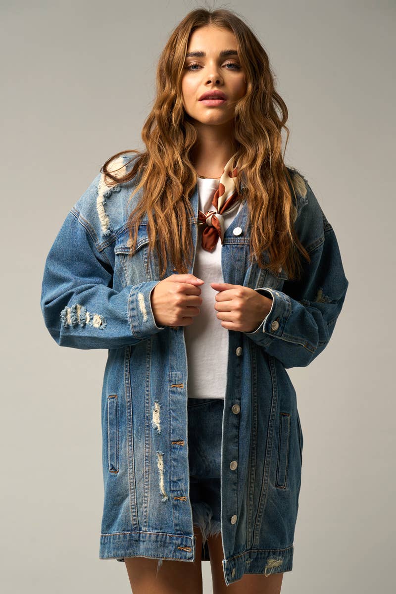 Washed Destroyed Denim Jacket w/Pockets