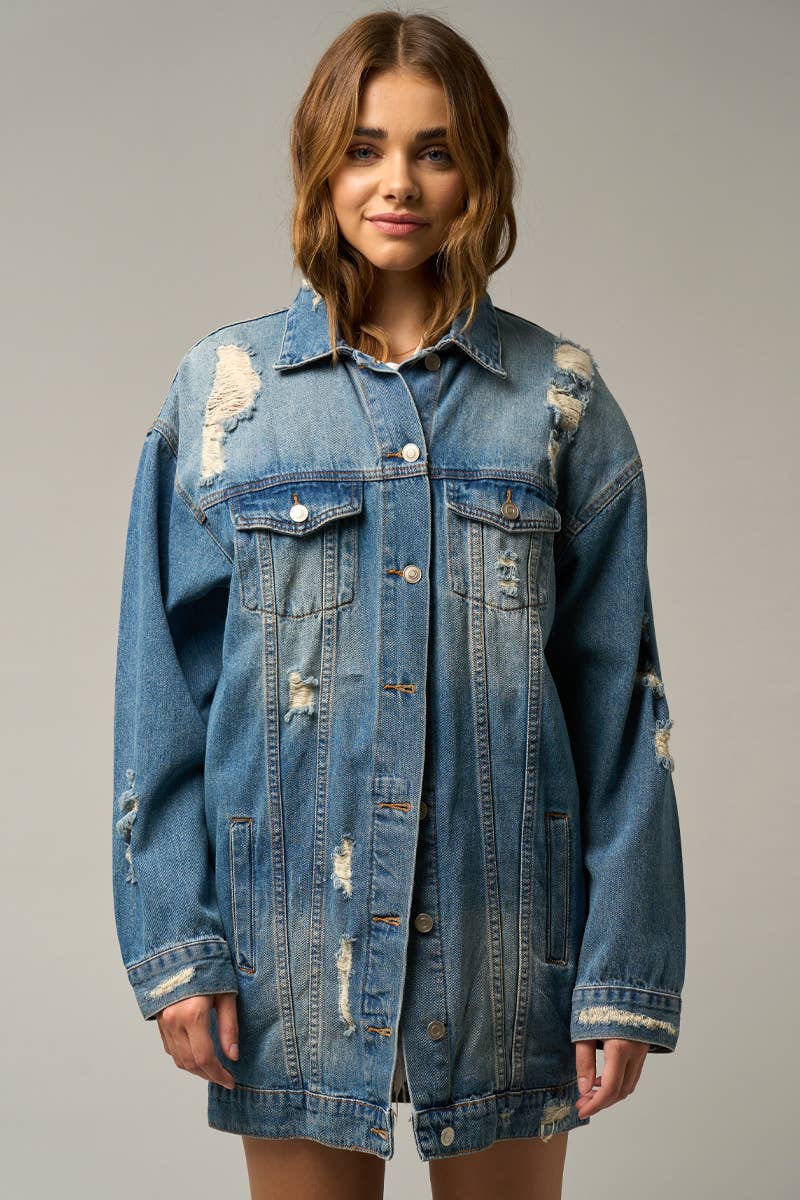 Washed Destroyed Denim Jacket w/Pockets